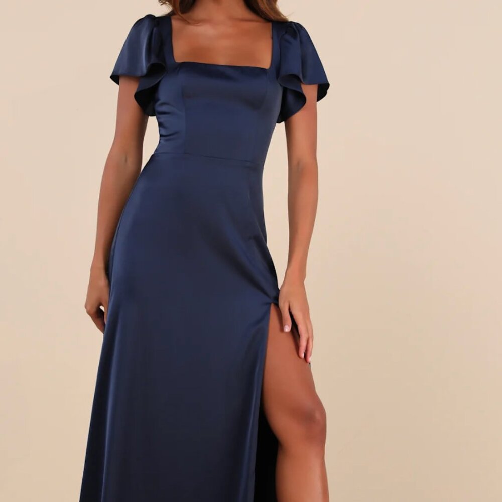Lulu's Ultimate Sweetness Navy Blue Satin Flutter Sleeve Maxi Dress